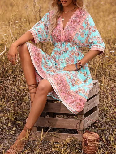 Miniatura 4 de OYOANGLE Vestido midi acampanado de media manga con cuello en V y estampado floral bohemio para mujer