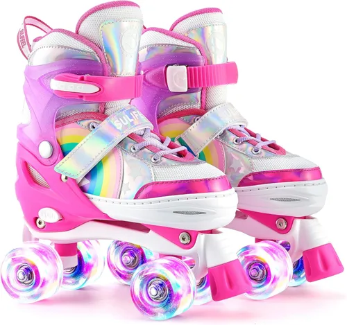 SULIFEEL Rainbow Unicorn - Patines ajustables de 4 tamaños para niñas y niños de 3-5, 5-8, 6-12 años, patines para interiores y exteriores F rosado