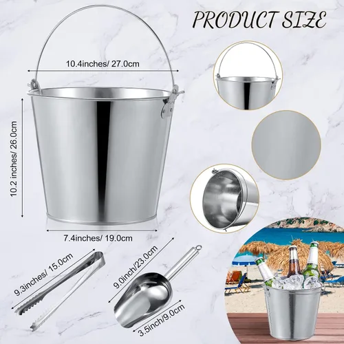Miniatura 2 de Mumufy Juego de 12 cubos de cerveza de metal grande de 10 l, 8 cubos de hielo de metal galvanizado con 2 palas de hielo y 2 pinzas, lata plateada