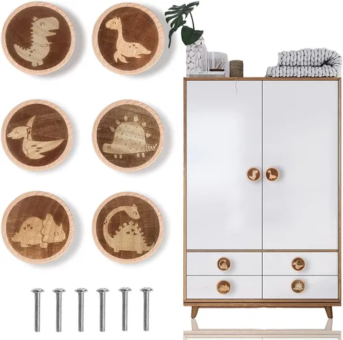 Miniatura 9 de Paquete de 6 pomos de madera de dibujos animados para armario de 1.57 pulgadas (1.575 in) para niños, pomos de cómoda y cajón para guardería