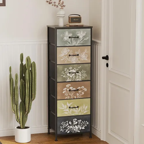 Miniatura 8 de Tohomeor Cómoda vintage vertical con mesita de noche, cajones de tela con diseño botánico neutro para armario, baño, torre de almacenamiento