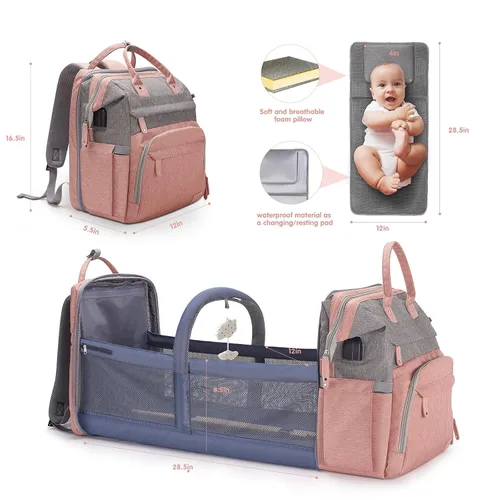 Miniatura 5 de DERJUNSTAR - Mochila para pañales con cambiador para bebés de gran capacidad para niños y niñas, puerto de carga USB, funda para chupetes, sombrilla