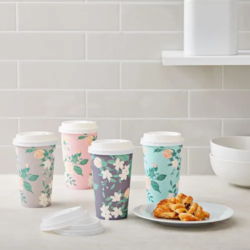 Miniatura 2 de BLUE PANDA Tazas de café de papel, 16 onzas, 48 unidades, 4 colores florales pastel, tazas desechables con tapas para café caliente y frío y té