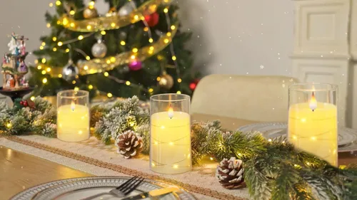 Miniatura 5 de Homemory Velas parpadeantes sin llama con tira de luces, velas que funcionan con pilas, luces LED de cadena integradas, vela de plexiglás irrompible