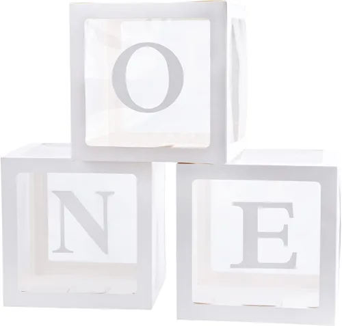 Decoraciones de Primer Cumpleaños Para Niño o Niña, 3 Piezas Cajas de Globos ONE Para 1er Cumpleaños, Bloques Transparentes Para Bebé Decoración de