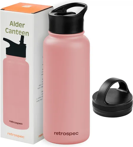 Miniatura 15 de Retrospec Botella de agua aislada de aliso con tapa de popote y tapa de asa, termo de acero inoxidable con boca ancha de doble pared aislada al