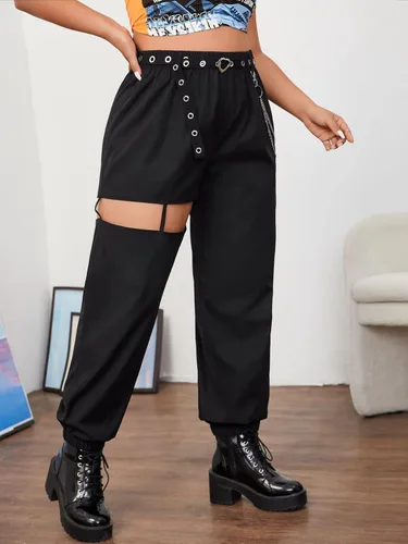 Miniatura 3 de WDIRARA Pantalones cónicos para mujer, talla grande, detalle de cadena, con ojales, con cinturón