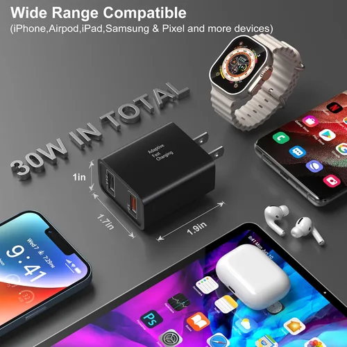 Miniatura 3 de Cargador de pared 3.0 de carga rápida rápida, Costyle 30 W, enchufe de pared USB de doble puerto, 5 V, 2.4 A, bloque de carga rápida de alta