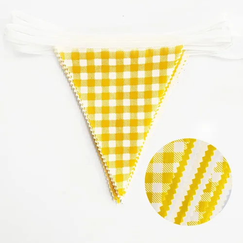 Miniatura 2 de Banderín blanco a cuadros amarillos de 32 pies con banderines de tela a cuadros de tela a cuadros triangulares para picnic, barbacoa, abeja
