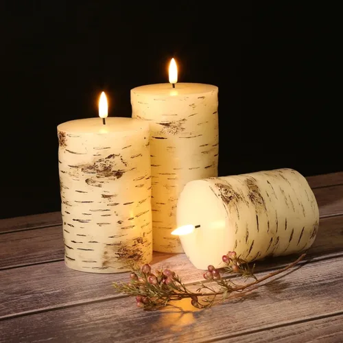 Miniatura 3 de Eywamage Velas de pilar sin llama de corteza de abedul con control remoto, velas LED rústicas parpadeantes con batería, juego de 3 Top plano