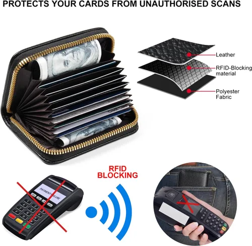 Miniatura 3 de Tarjetero RFID para tarjetas de crédito, cartera pequeña con cremallera de acordeón, estuche organizador de tarjetas para mujeres y hombres