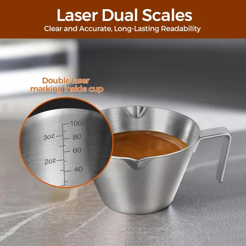 Miniatura 5 de 2 piezas de tazas de espresso de acero inoxidable con asa, taza medidora de metal de doble boquilla con doble escala, taza de espresso con boca