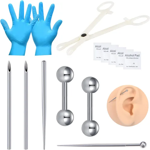 Miniatura 3 de DJCIW Kit de Perforación con Agujas Desechables 12G 14G 16G 18G, Pinzas, Dilatador para Ombligo, Nariz, Tabique, Pezón, Lengua, Ceja, Labio Kit