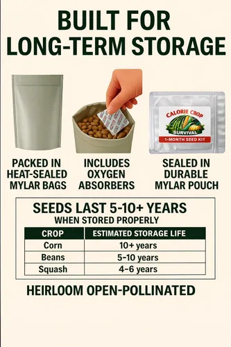 Miniatura 3 de Calorie Crop Survival Kit de semillas de 1 mes – Cultiva calorías de 30 días – Semillas de maíz, frijoles y calabaza – Polinización abierta