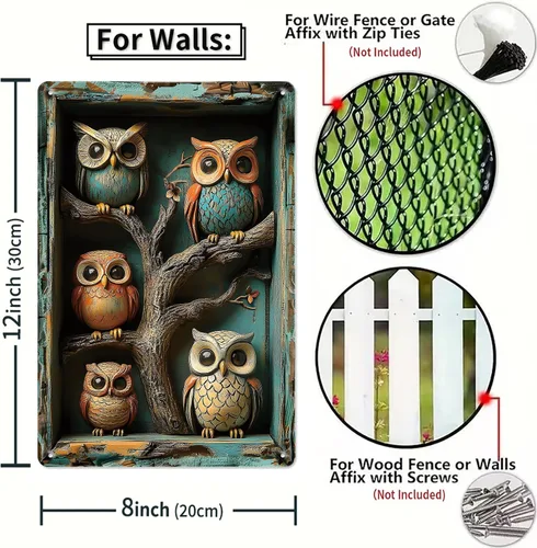 Miniatura 5 de Letrero de lata de búhos con diseño de efecto visual 3D, póster de metal para decoración de pared para el hogar, patio, cocina, restaurante
