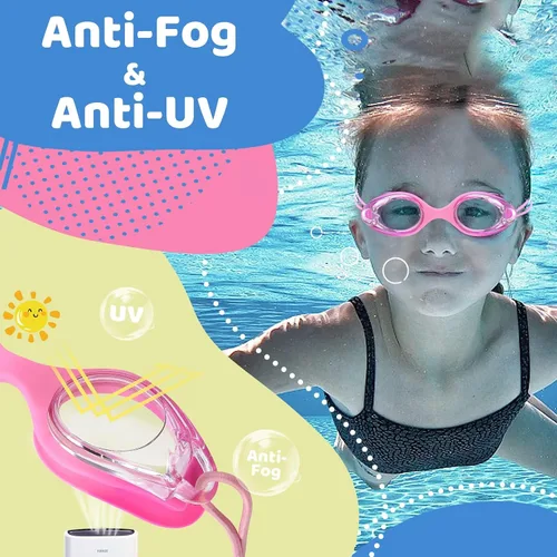 Miniatura 4 de Vvinca Gafas de natación para niños con correa elástica, sin fugas, antivaho, gafas para niños pequeños con ajuste rápido, edades 3-14 02-rosa