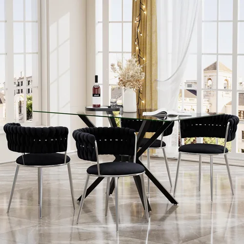 Miniatura 19 de Juego de mesa de comedor de cristal negro de 47 pulgadas para 4, juego de mesa de cocina minimalista moderno y 4 sillas de comedor de terciopelo