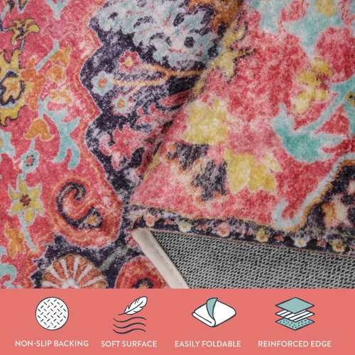 Miniatura 7 de Lahome Alfombra Floral Bohemio Medaillon - 2x3 Pequeña Alfombra de Baño Rosa Caliente, Alfombra de Cocina, Lavable a Máquina, Antideslizante, Suave
