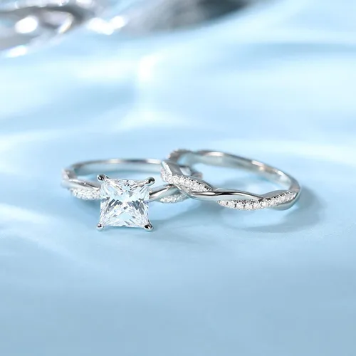 Miniatura 3 de Mameloly Juego de anillos de boda de 2 quilates para mujer, corte princesa, anillos de compromiso de circonita cúbica, anillos de compromiso