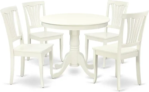 East West Furniture ANAV5-LWH-W - Juego de mesa de comedor de 5 piezas, incluye una mesa de cocina redonda con pedestal y 4 sillas de comedor, 36 x