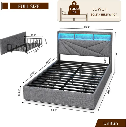 Miniatura 2 de Driftalia Marco de cama LED de tamaño completo con 4 cajones de almacenamiento, marco de cama de tamaño completo tapizado con cabecera de 2 niveles