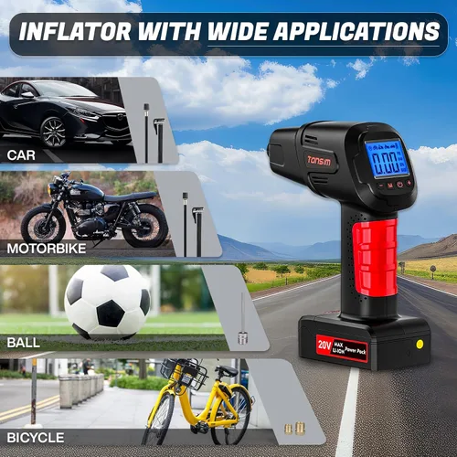 Miniatura 3 de Tonsim Inflador de neumáticos inalámbrico de 20 V, compresor de aire portátil con batería recargable, adaptador de 12 V CC, manómetro digital y luz