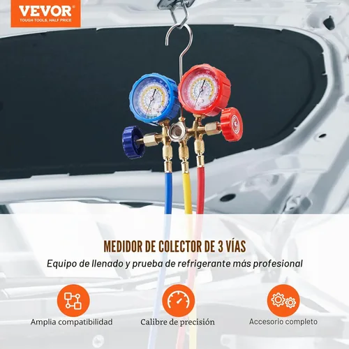 Miniatura 2 de VEVOR - Juego de manómetros AC, juego de manómetro de manifold de AC de 3 vías para refrigerantes R134A, R22, R12, R502 – Los manómetros de freón