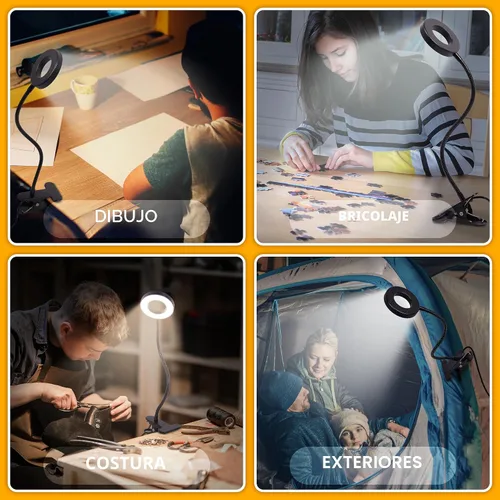 Miniatura 4 de Foneso Lámpara de escritorio con clip, luz de 48 LED, USB, con 3 modos de color, 10 niveles de brillo, protección ocular, cuello de ganso flexible
