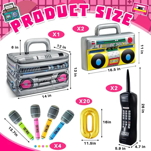 Miniatura 2 de Cunhill 29 piezas de decoraciones de fiesta de los años 80 y 90 incluyen caja inflable Boom Box, enfriador de bebidas, 20 globos de cadena de papel