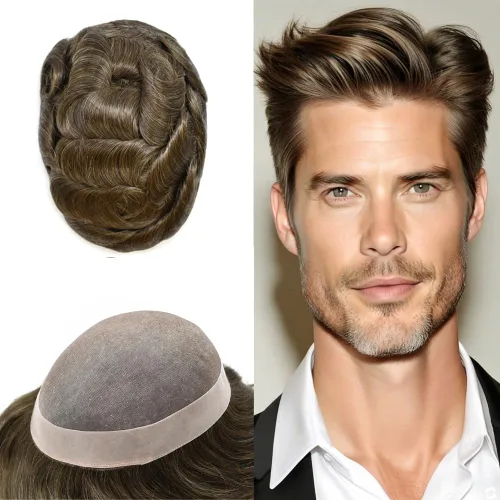 Miniatura 48 de Tupé para hombre, pieza de cabello humano real, monofilamento, tupé para hombres, postizos, unidades de sistema de reemplazo de cabello, gris