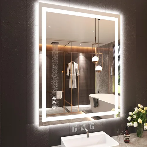 Miniatura 8 de Snowdool Espejo LED de baño, 32 x 32 pulgadas con luz frontal y retroiluminada, antivaho, espejo de tocador de baño para pared, función de memoria