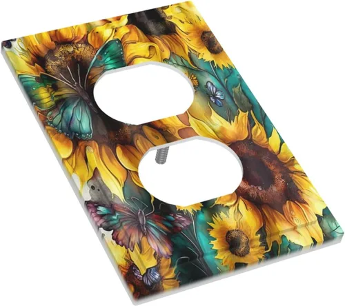 Miniatura 3 de Cubiertas de salida de girasoles amarillos, mariposas verdes y verde azulado de 1 banda, cubierta de interruptor de luz dúplex de 1 banda, placa