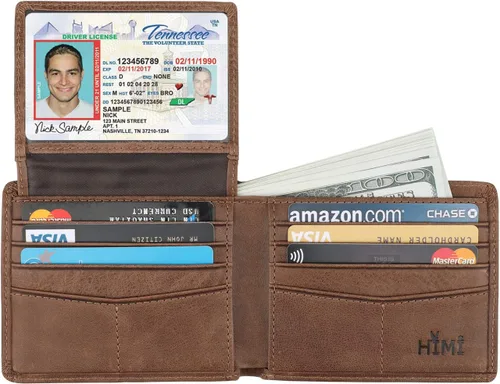 Miniatura 46 de HIMI - Cartera elegante de cuero auténtico para hombre, con bloqueo de interferencia de radiofrecuencia (RFID), con 2 ventanas para identificación
