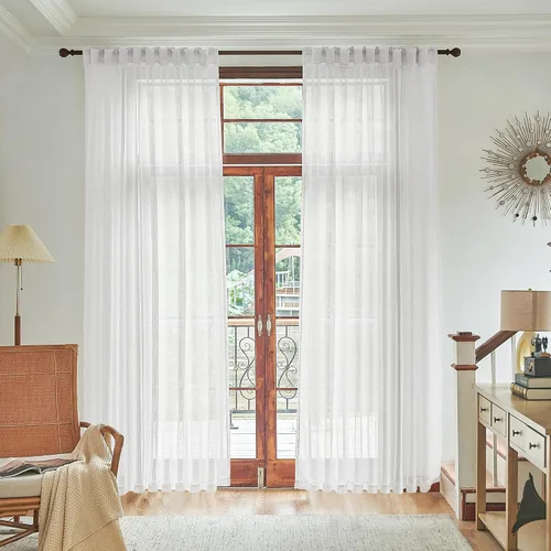 Miniatura 11 de Cortinas de lino transparente color crema de 96 pulgadas de largo para sala de estar, 2 paneles con bolsillo con pestaña trasera, suaves, naturales