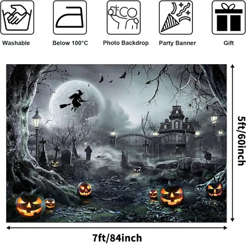Miniatura 2 de Avezano Telón de fondo para fotografía de Halloween, luna llena, noche aterradora, castillo, calabazas, fondo de fiesta, espeluznante, bruja, Gris