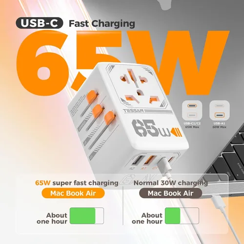 Miniatura 3 de TESSAN Adaptador de viaje universal, adaptador de enchufe internacional GaN de 65 W con 4 puertos de carga USB (2 USB C), toma de corriente mundial