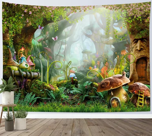Miniatura 22 de HVEST Tapiz de bosque de cuento de hadas para colgar en la pared, estanque de lirios de agua, árboles mágicos, casas en el país de los sueños, tapiz