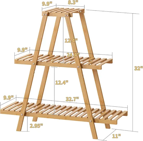 Miniatura 2 de Soporte de bambú para plantas interior/exterior, 3 niveles, negro, rectangular, 8 macetas para flores, estante para plantas