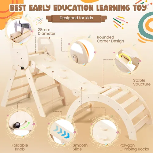 Miniatura 3 de Conjunto de Triángulo Pikler Plegable Juguetes de Escalada de Madera para Niños Pequeños Interiores, Parque Infantil Gimnasio de Jungla para Niños