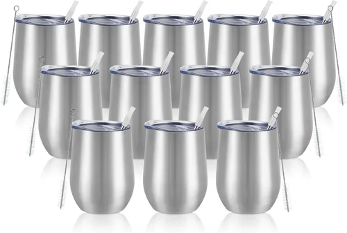Paquete de 12 vasos de vino de acero inoxidable, 12 onzas, doble pared, aislados al vacío, con tapas y pajitas, copas de vino sin tallo de acero