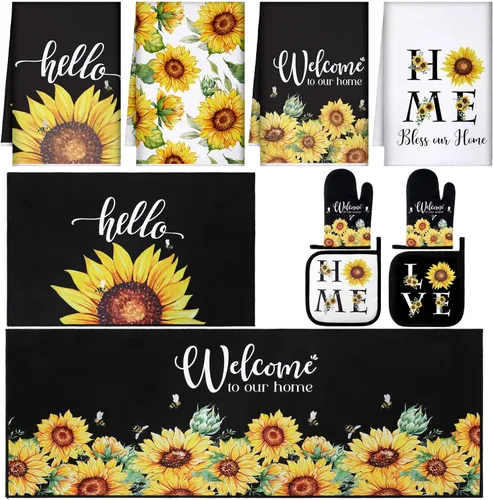 Miniatura 23 de Fourluoo Juego de 10 piezas de decoración y accesorios de cocina de girasol, diseño de búfalo blanco y negro, juego de manoplas de horno y soportes