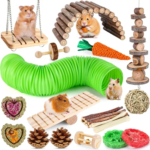Miniatura 10 de VESPRO Juguetes para conejos, 21 piezas de juguetes masticables para conejos para dientes, golosinas naturales para conejillos de indias, palitos
