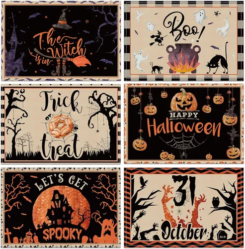 Miniatura 11 de Umigy 6 manteles individuales de Halloween de 12 x 18 pulgadas, manteles individuales góticos de murciélago para decoración de cocina, manteles