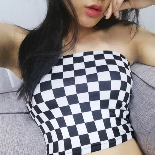 Miniatura 2 de Women Black and White Plaid Sexy Strapless Tube Top
