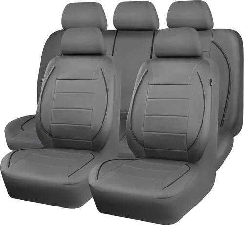 CAR PASS Fundas de Asiento de Automóvil de Cuero Sintético con Ribetes Juego Completo, Fundas de Asiento de Cuero Transpirable Gris para Gris con