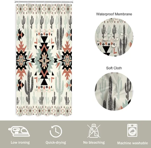 Miniatura 5 de Newsely Cortina de Ducha Pequeña para Caseta RV Occidental Azteca de Cactus 36Wx72H Pulgadas Campista Suroeste Boho Geométrica Étnica Cortina