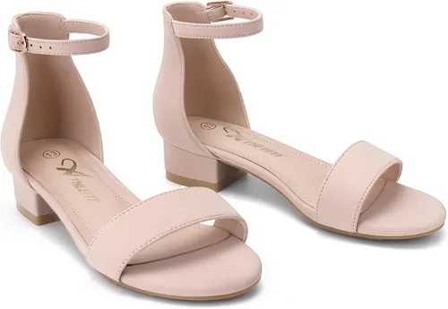 Miniatura 28 de Athlefit Sandalias para niñas, puntera abierta, correa en el tobillo, tacones bajos, zapatos de vestir para niñas pequeñas y grandes
