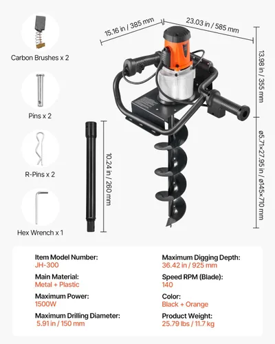 Miniatura 7 de VEVOR Excavadora eléctrica de agujeros para postes, broca de taladro de 5.71 pulgadas con potente motor de 1500 W, broca de taladro de tierra