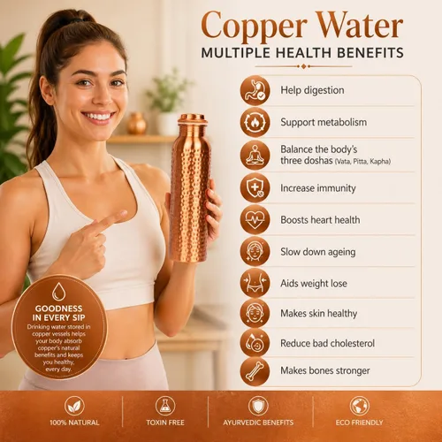 Miniatura 4 de Botella de agua de cobre puro – Hecho a mano – Beneficios para la salud Ayurveda – Grande 34 oz – A prueba de fugas, fácil de llevar para deportes