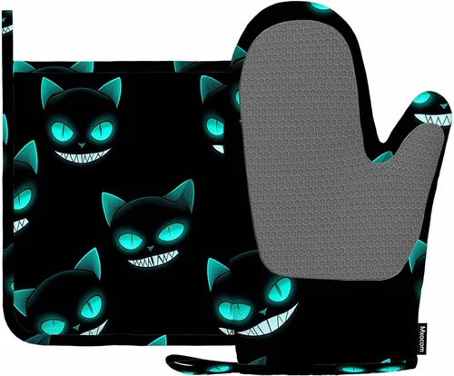 Miniatura 10 de Mxocom Manopla de horno y soporte para olla de gato negro con cabeza de gato fría de silicona, resistente al calor, para cocinar, barbacoa, hornear